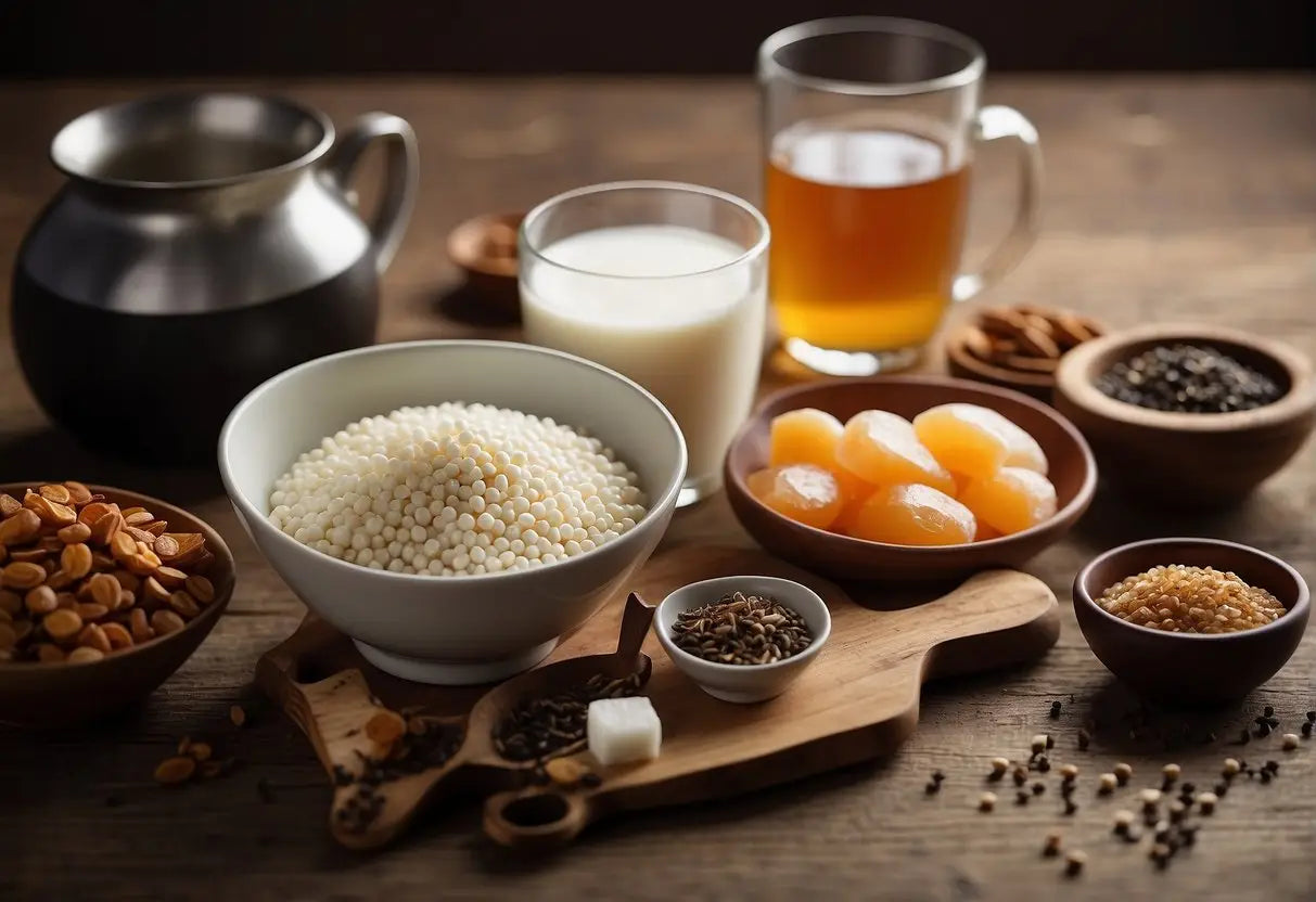 A table with ingredients: tapioca pearls, tea bags, milk, sugar, and flavorings. A pot of boiling water, a strainer, and a large glass pitcher
