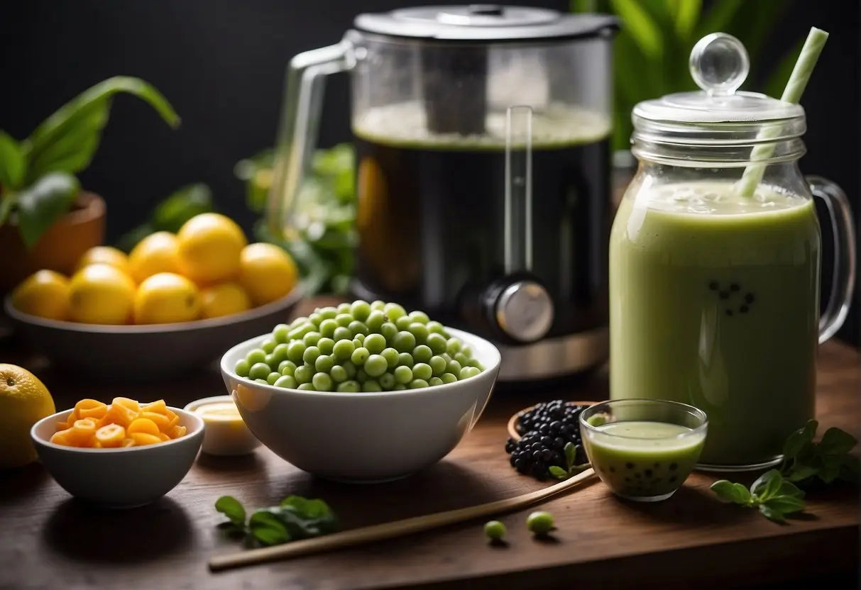 Bubble tea ingredients and equipment arranged for preparation and serving