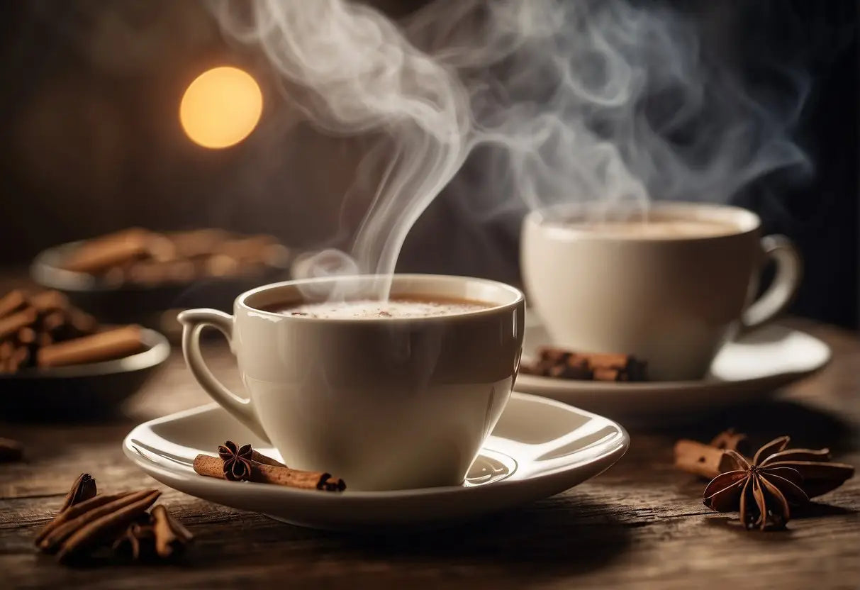 A steaming cup of chai tea is being poured from a teapot into a delicate ceramic mug, with aromatic spices and steam rising from the surface