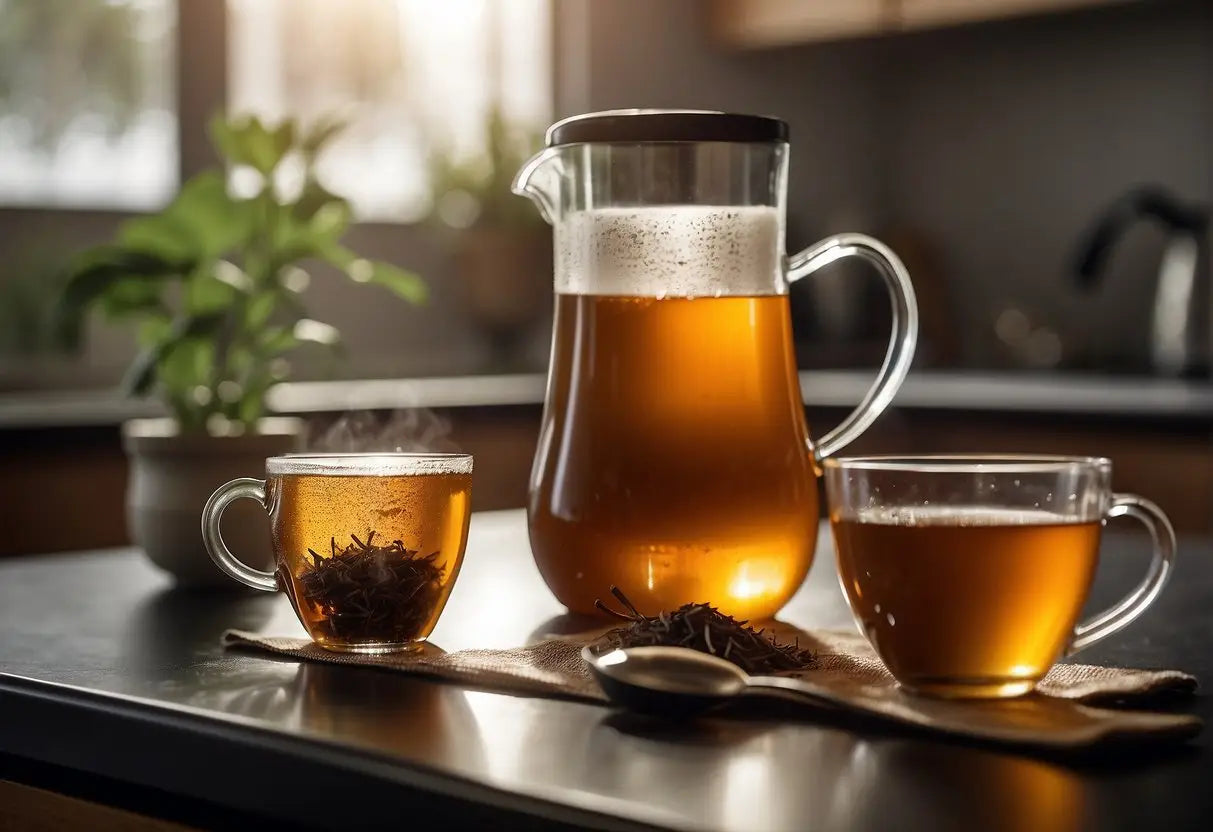 A pitcher of tea sits on a kitchen counter, with a tea bag steeping in the hot water. A spoon stirs in sugar, creating a swirl of sweetness