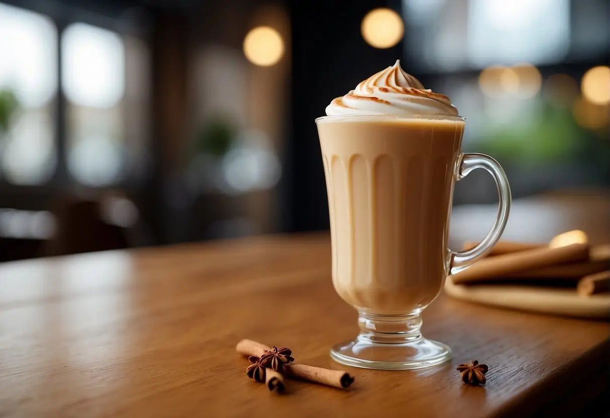 A steaming cup of hokkaido milk tea sits on a wooden table, with a swirl of creamy foam on top and a sprinkle of cinnamon