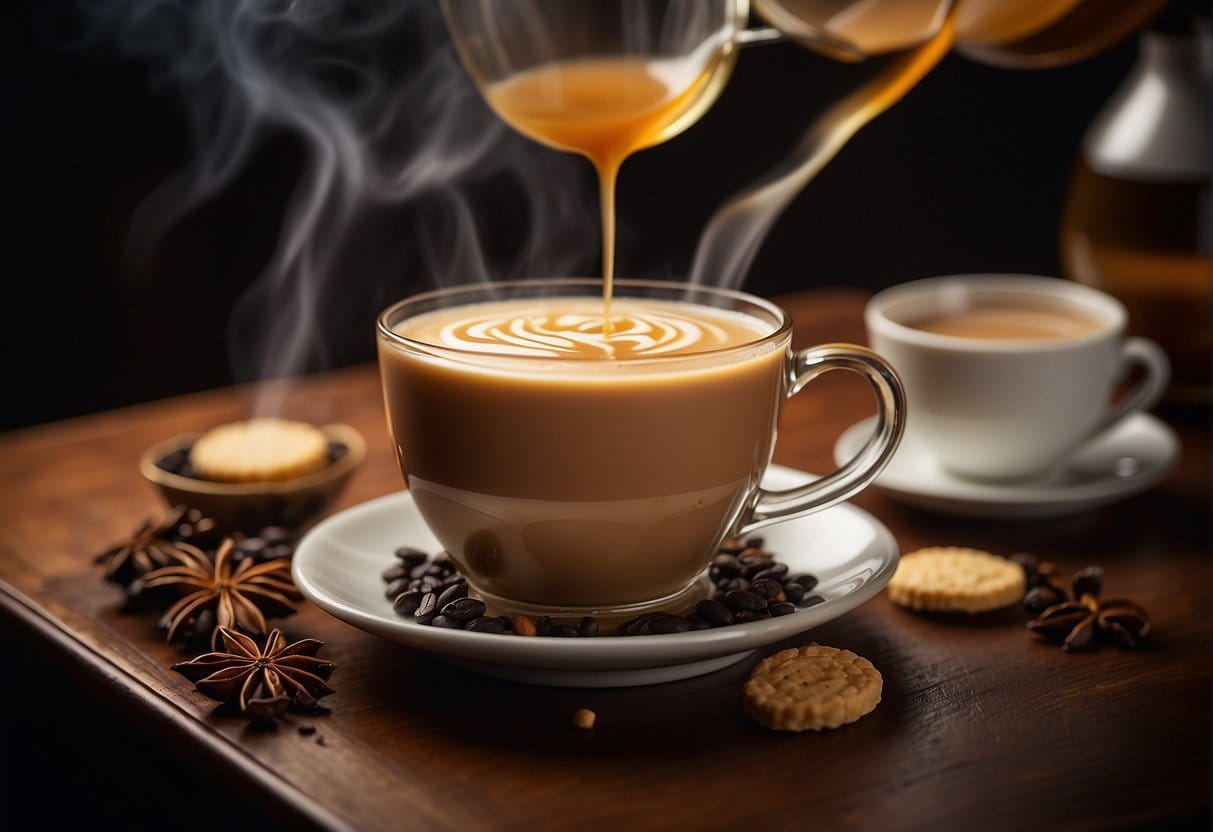 A steaming cup of Hokkaido milk tea surrounded by fresh, creamy milk and the warm, comforting aroma of black tea and sweet, caramel undertones
