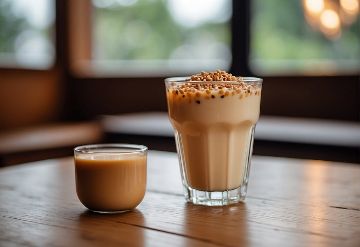 A clear glass cup filled with creamy Hokkaido milk tea sits on a wooden table, adorned with a drizzle of caramel and a sprinkle of cinnamon