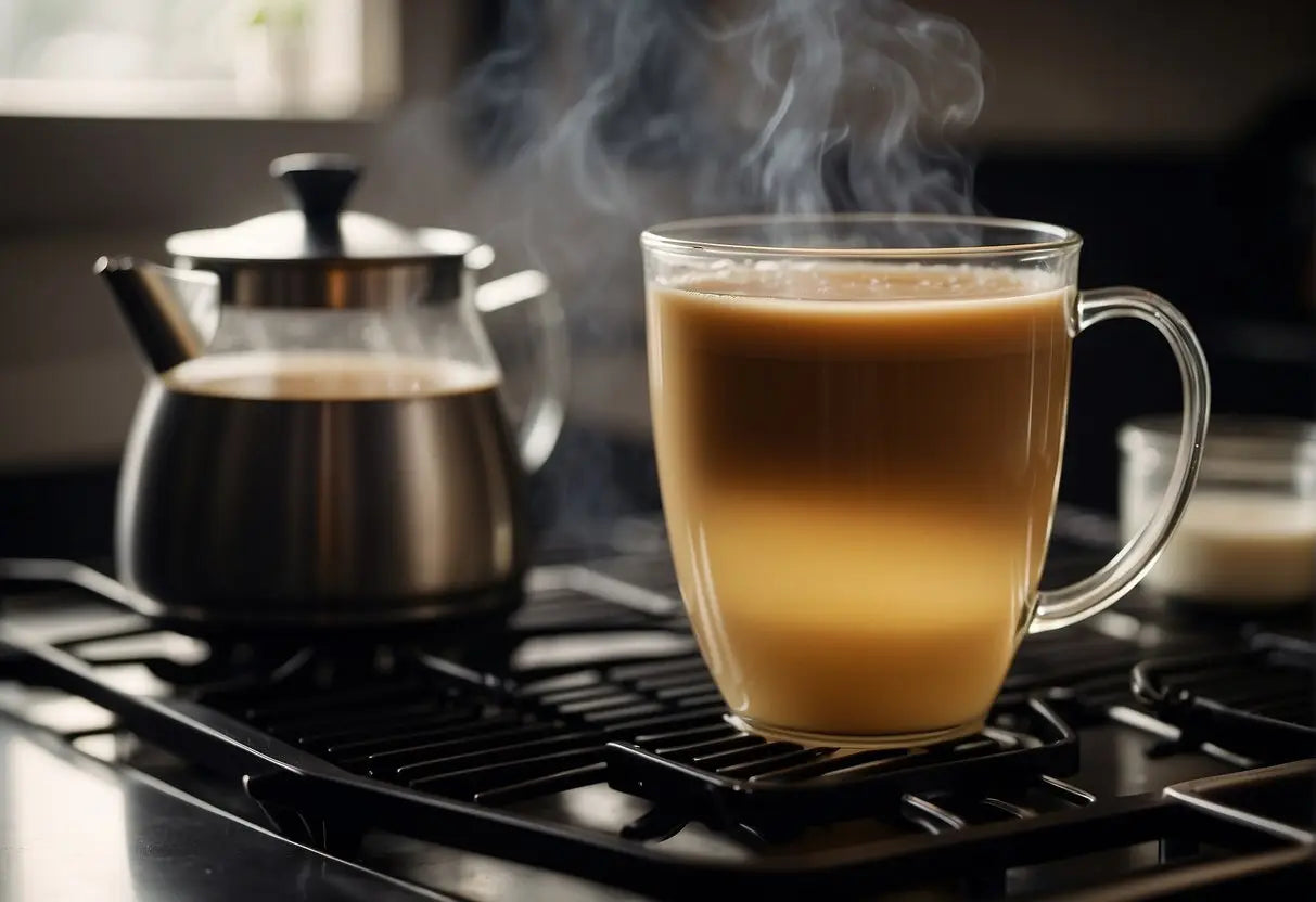 A pot simmers on the stove, steam rising as Hokkaido milk tea ingredients are mixed in. A creamy, fragrant tea brews in a clear glass mug