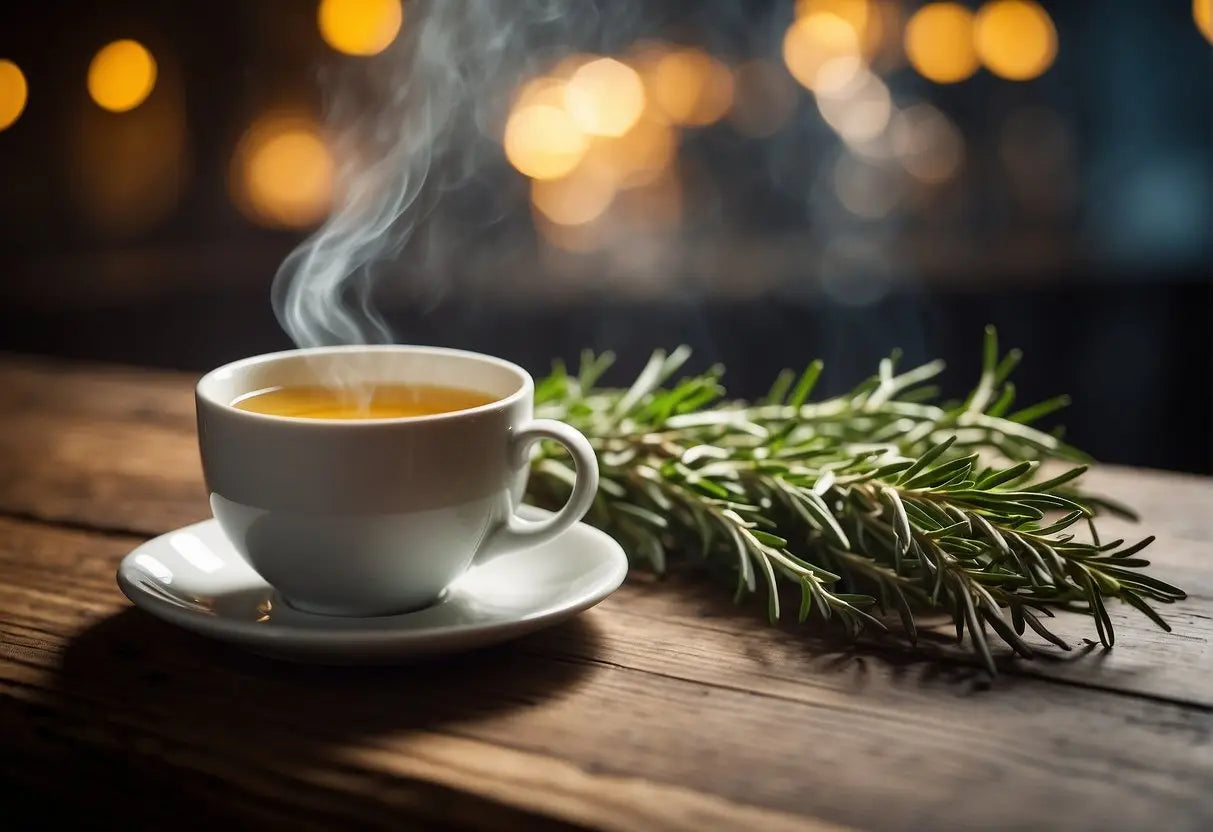 A steaming cup of rosemary tea sits on a wooden table, surrounded by caution signs and warning labels