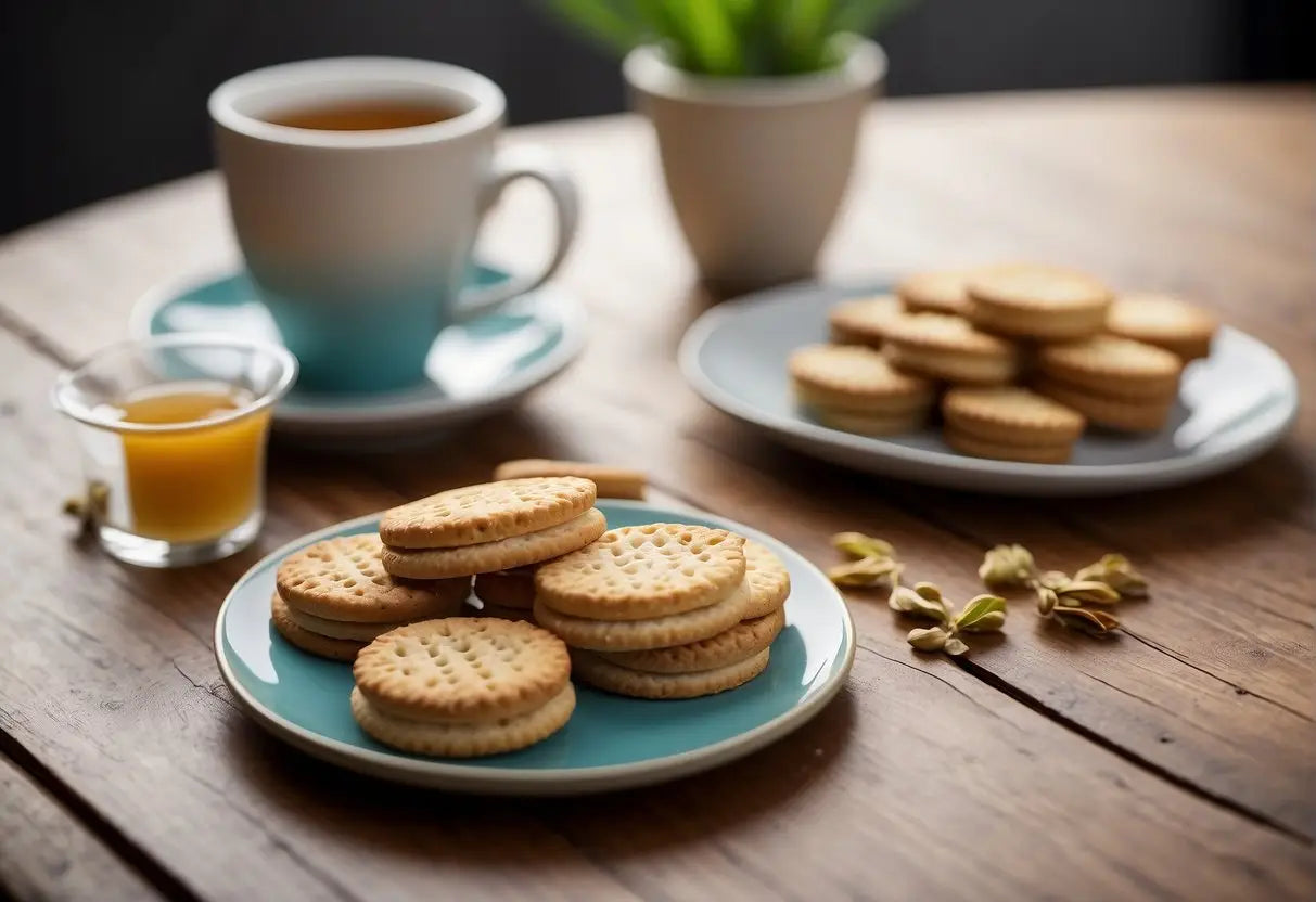 A table with various tea biscuit packaging and branding materials, including logo designs, color swatches, and product samples