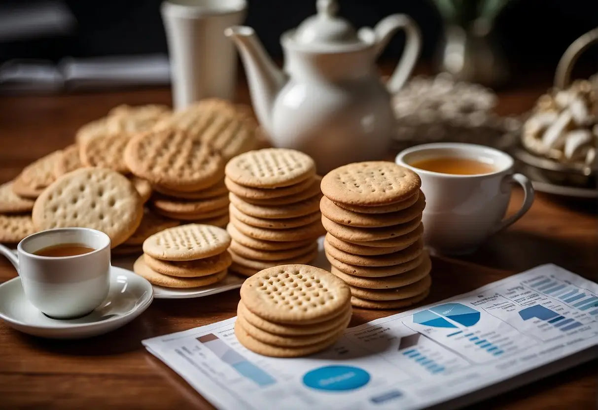 A table covered in various types of tea biscuits, surrounded by charts, graphs, and financial reports indicating market trends and analysis
