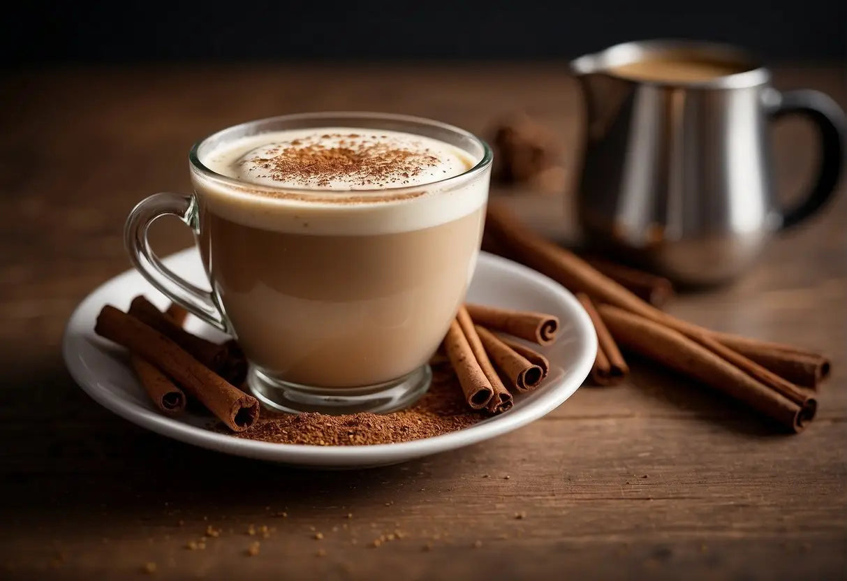 A dirty chai being prepared: espresso shot poured into spiced chai tea, topped with steamed milk and a sprinkle of cinnamon