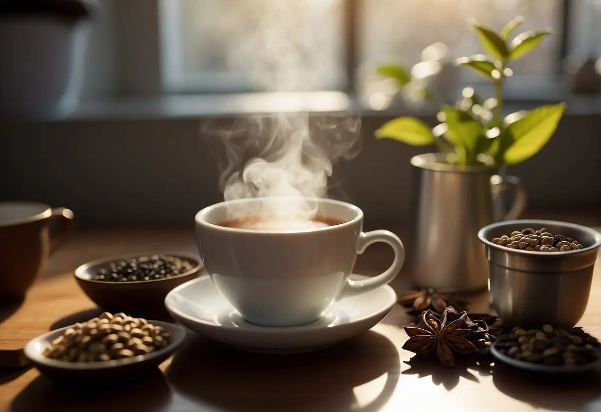 A steaming cup of chai sits on a cluttered kitchen counter, surrounded by bags of loose leaf tea, spices, and a milk frother