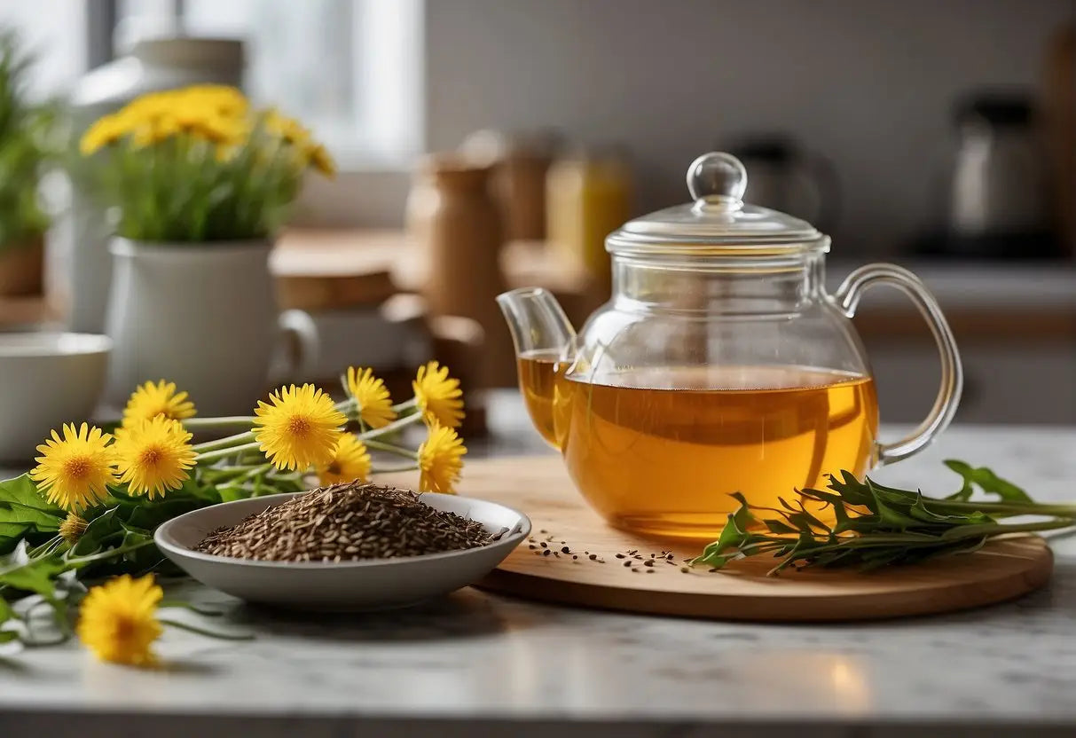 Dandelion tea ingredients and tools arranged on a clean kitchen counter, with a dandelion plant in the background