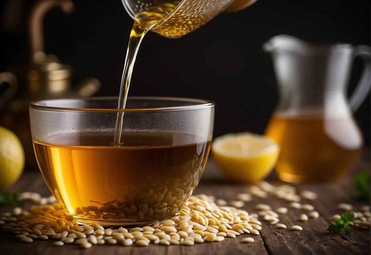 Barley tea being used in cooking: a pot of simmering broth with barley tea being poured in, adding depth and flavor