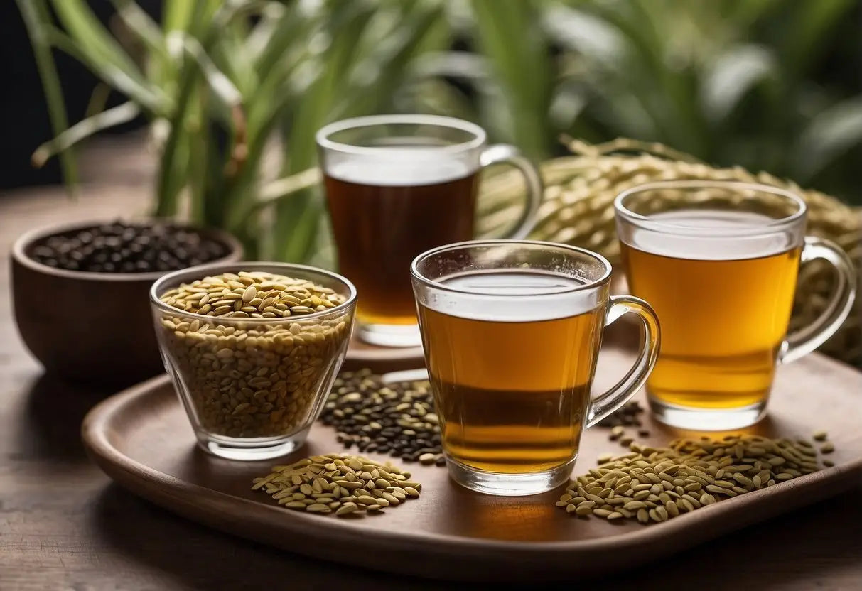 A table with various cups of barley tea from different countries, each labeled with its cultural significance and health benefits