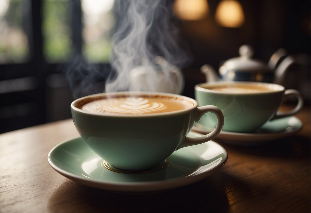A steaming tea latte sits on a table, surrounded by delicate teacups and a traditional tea set. The warm beverage exudes cultural significance and comfort