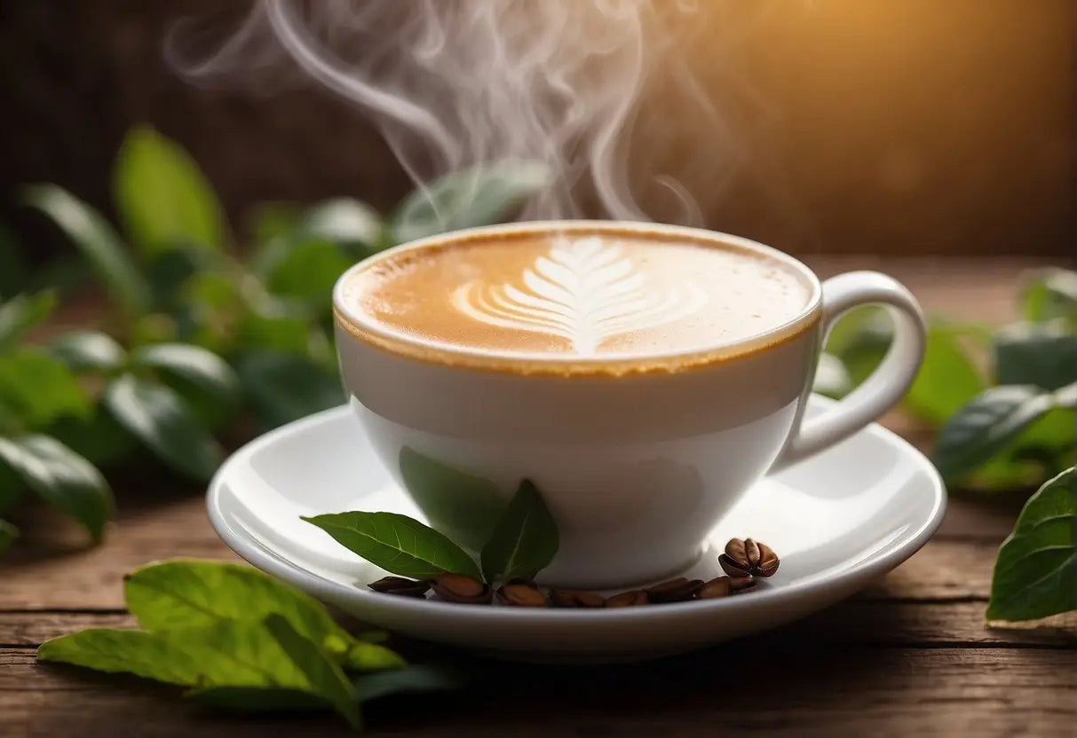 A steaming cup of tea latte sits on a wooden table, surrounded by vibrant tea leaves and a frothy milk pitcher