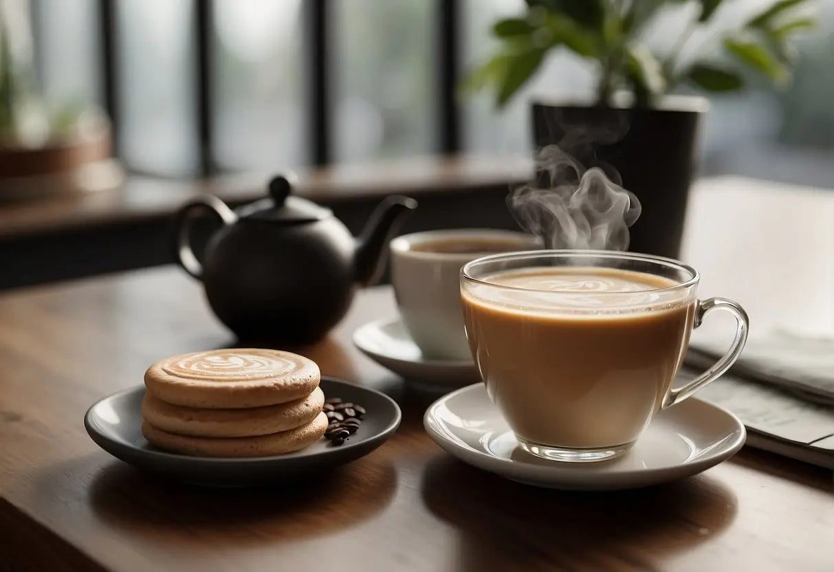 A steaming cup of tea latte sits on a modern table next to a sleek, minimalist teapot and a stack of trendy, innovative tea blend packages