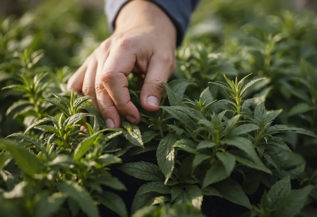 A hand reaches for a bunch of fresh hyssop leaves, carefully selecting the right ones for making hyssop tea