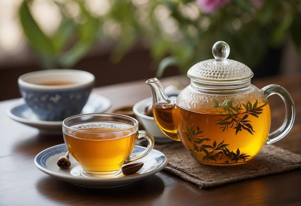 A table set with various cultural elements: Chinese teapot, Moroccan tea glasses, and European tea cups with hyssop tea