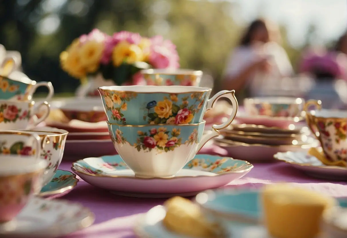 Guests play musical chairs at a colorful tea party. Tables are adorned with vintage teacups and saucers. Laughter fills the air