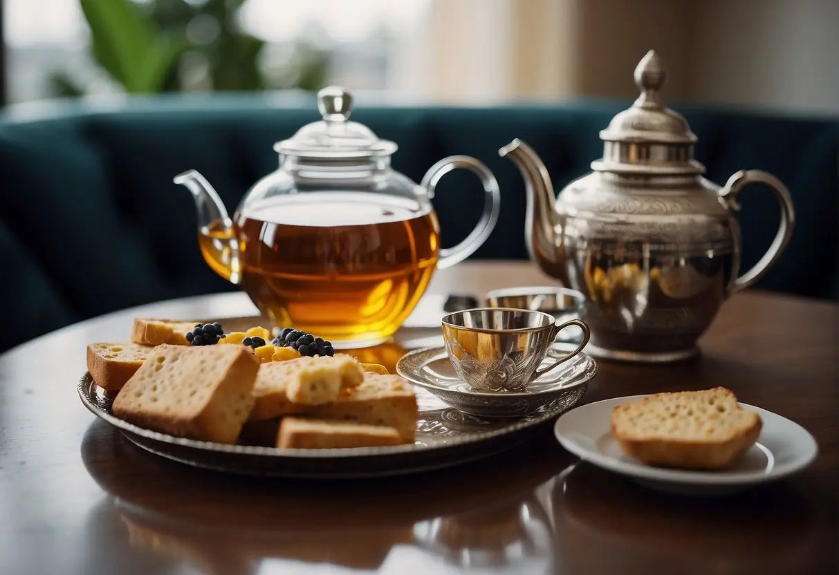 A teapot and glasses on a decorative tray, with a bottle of alcohol and small dishes of snacks