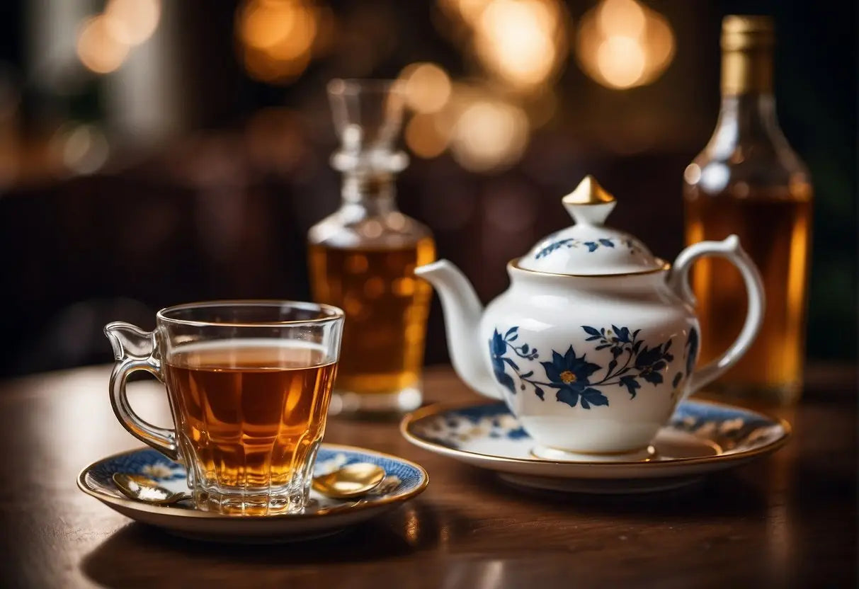 Tea and alcohol bottles arranged on a table with elegant teacups and glasses. A cozy setting with soft lighting and a warm ambiance
