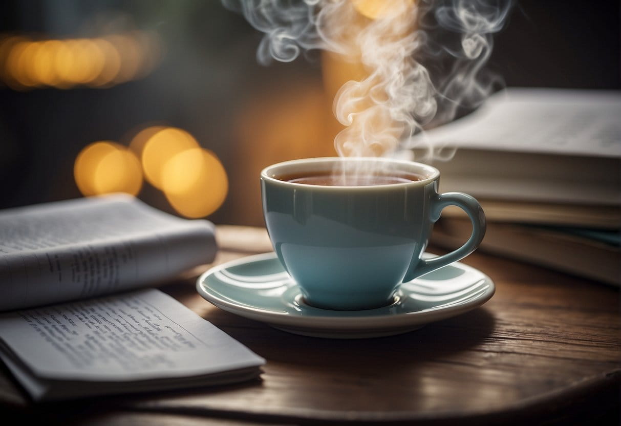 A steaming cup of tea surrounded by scientific research papers on congestion relief