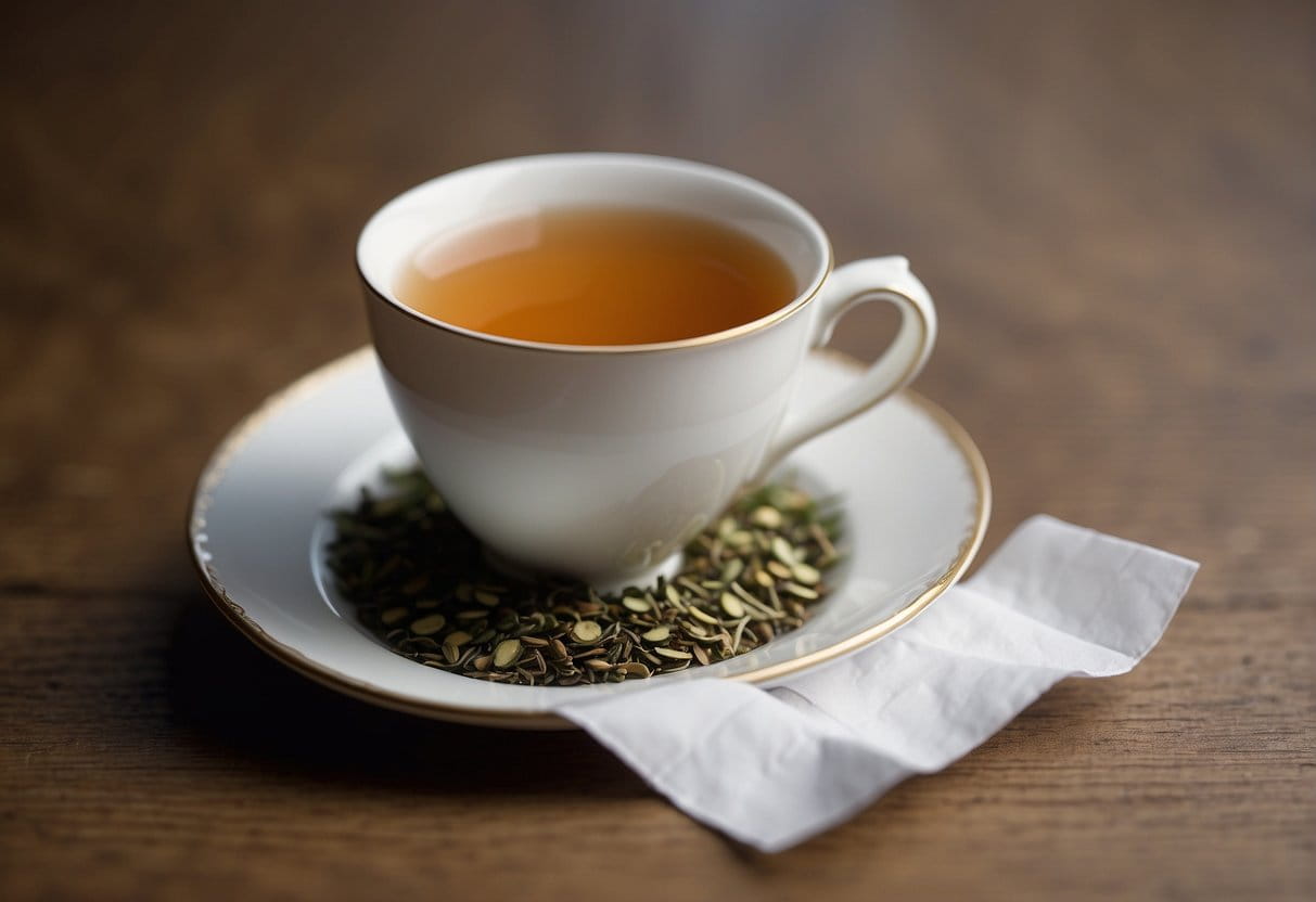 A teacup with a tea bag resting on the edge, dripping onto a piece of paper below