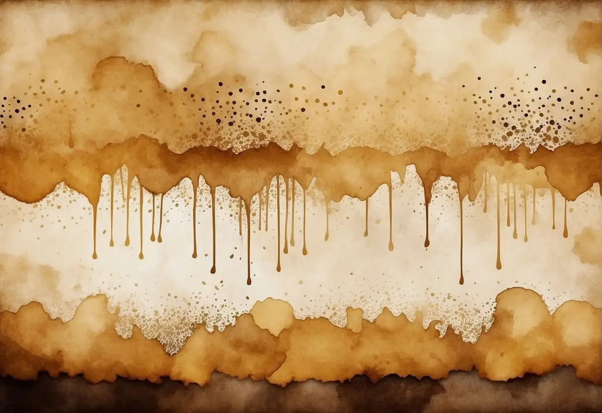 Tea-stained paper with watercolor brush strokes and ink splatters