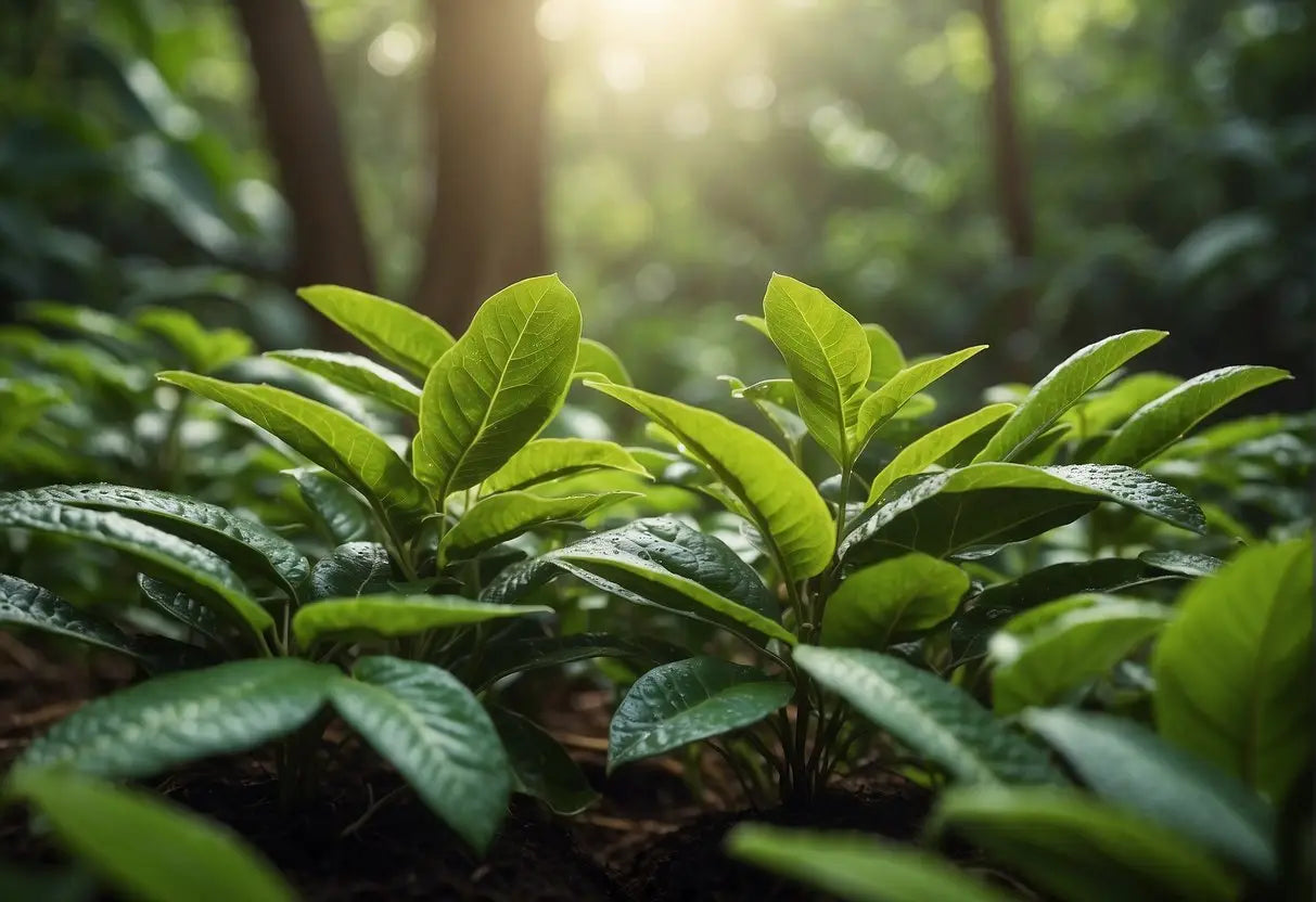 Lush guayusa plants thrive in a sustainable agricultural setting, surrounded by diverse flora and fauna, highlighting the ecological benefits of guayusa cultivation