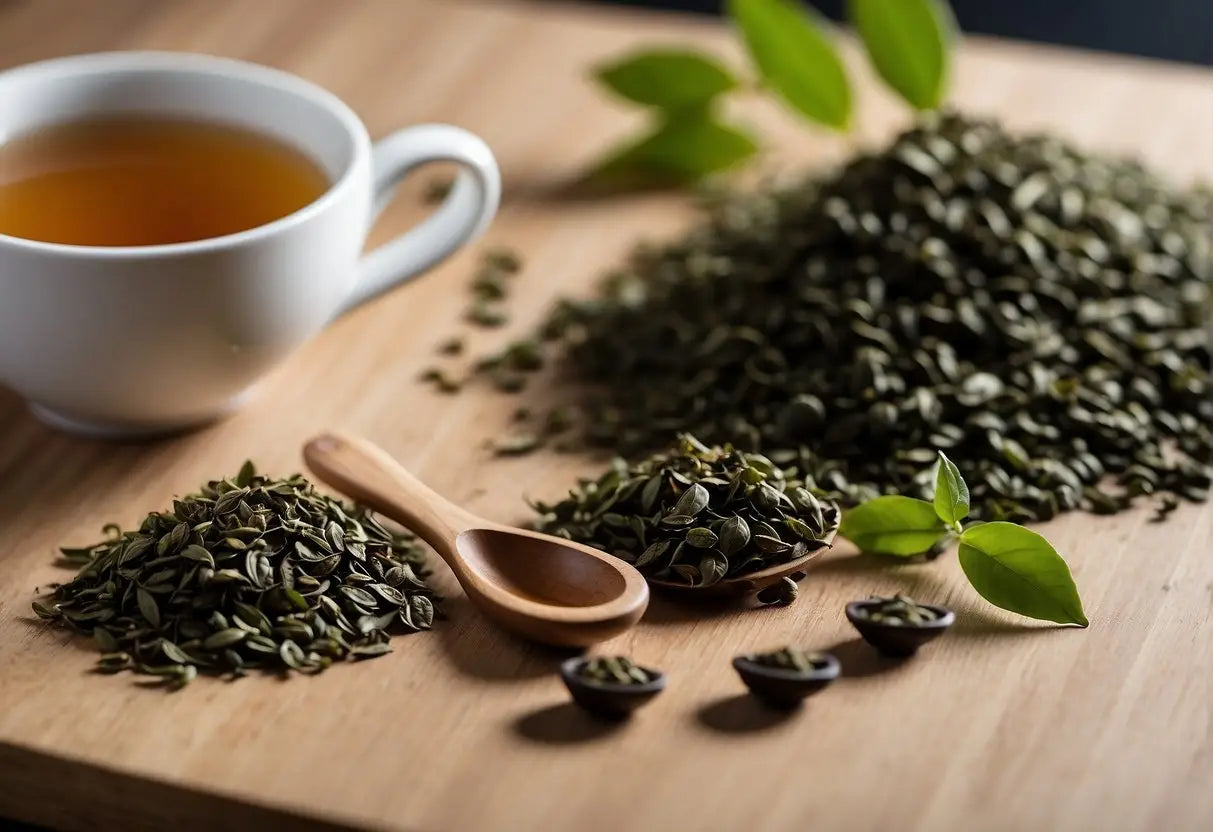 Tea leaves are spread out on a clean surface, ready to be consumed or used for brewing. A teapot, cup, and strainer are nearby, indicating the process of making tea
