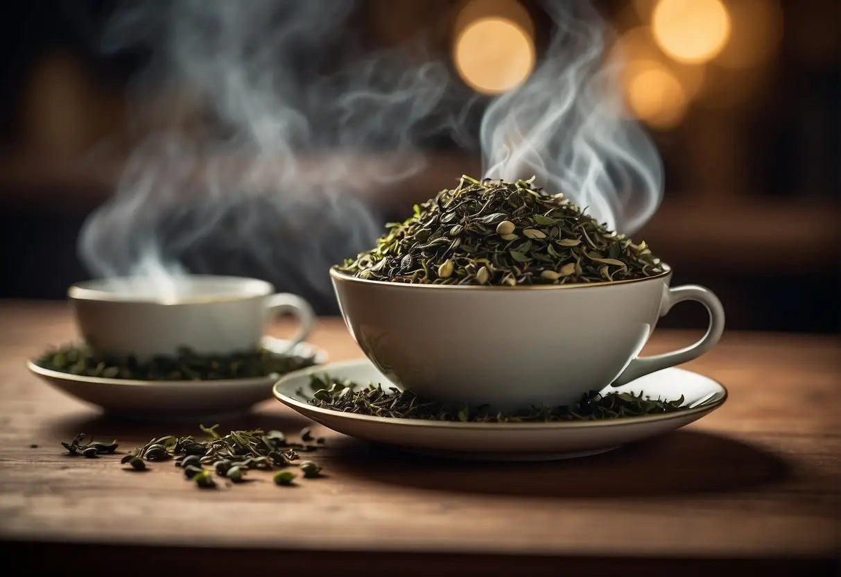 A pile of tea leaves sits on a table, surrounded by various teacups and a steaming kettle