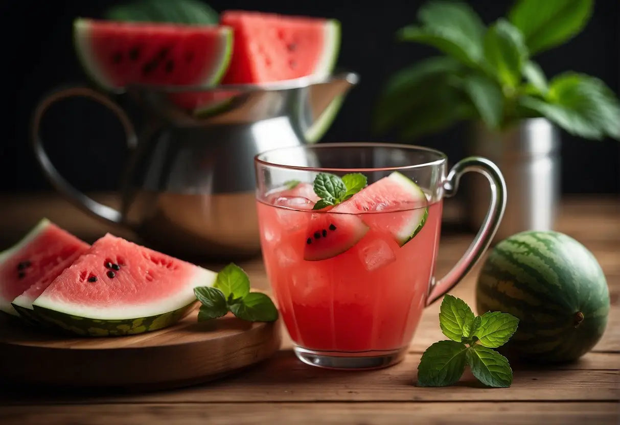 A pitcher of watermelon tea surrounded by fresh watermelon slices and mint leaves on a wooden table