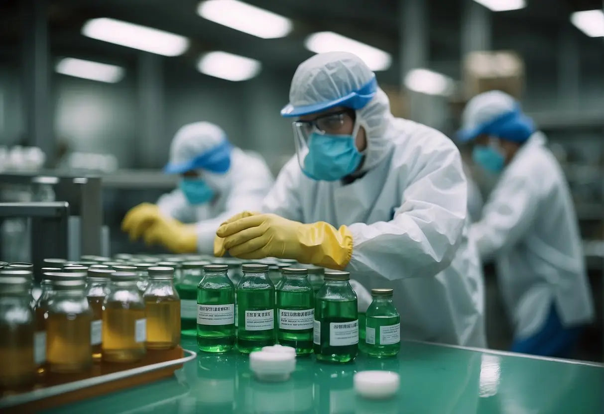 A factory floor with workers wearing protective gear, labeling carbonated tea bottles with health and safety standards displayed prominently
