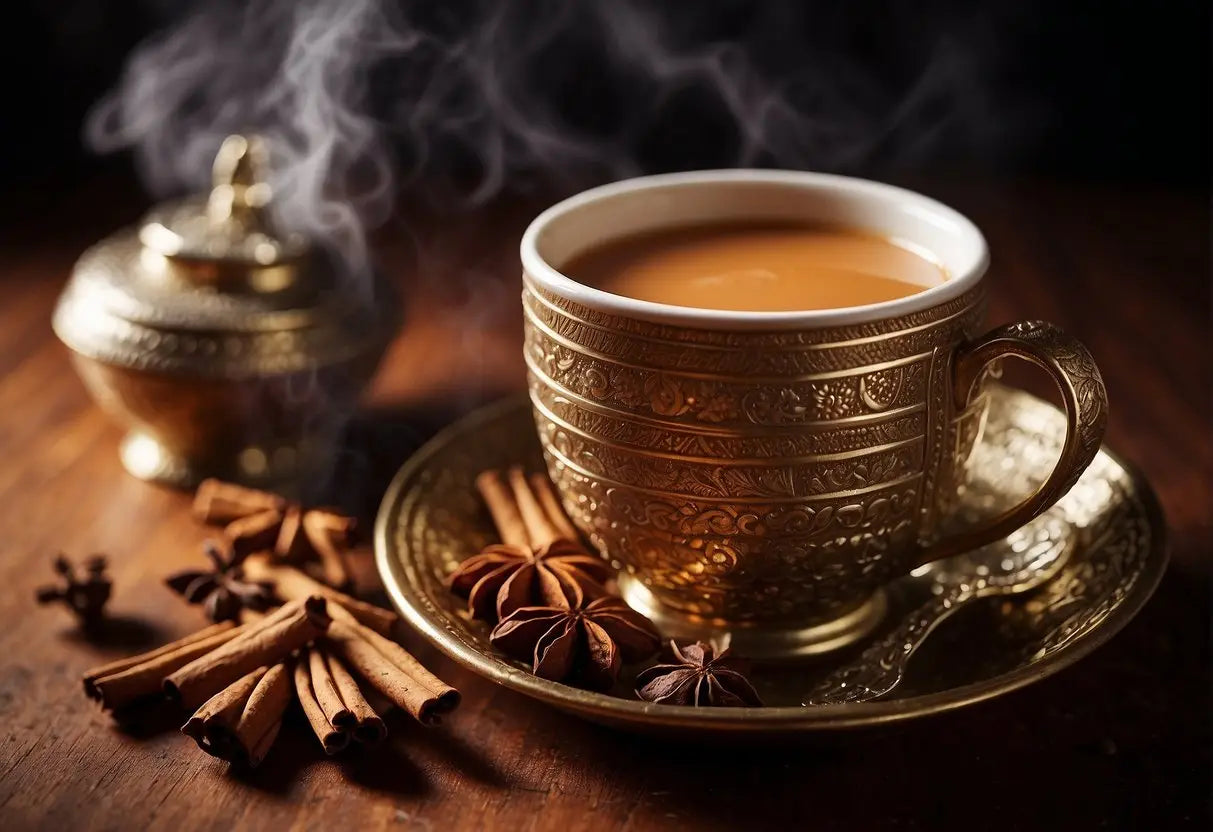 A steaming cup of masala chai exudes a spicy, aromatic fragrance. The rich, creamy texture coats the tongue with a warm, invigorating blend of cardamom, cinnamon, and ginger, leaving a lingering, comforting aftertaste