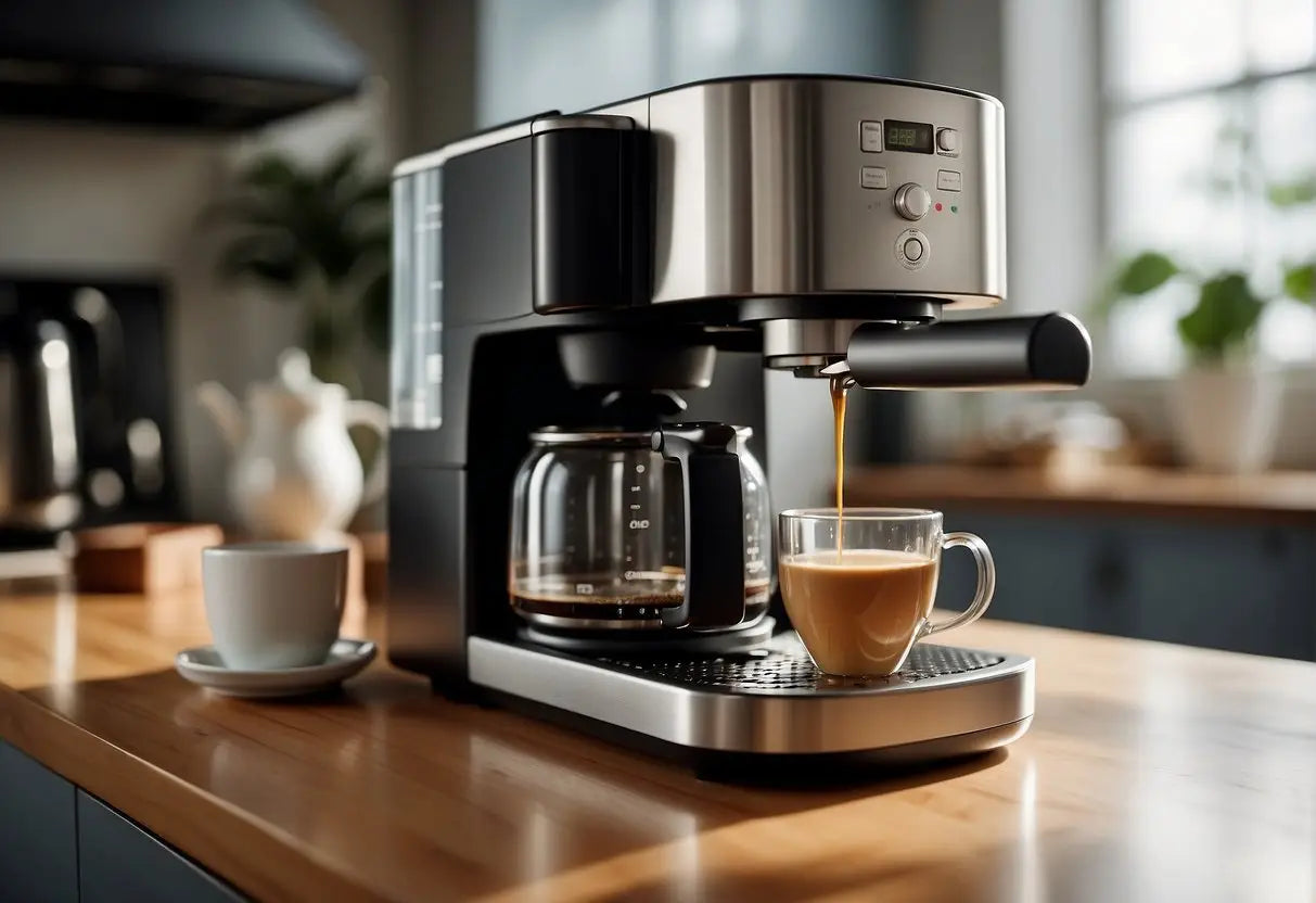 A coffee maker sits on a kitchen counter with a tea bag inside, water being poured in, and the machine turned on
