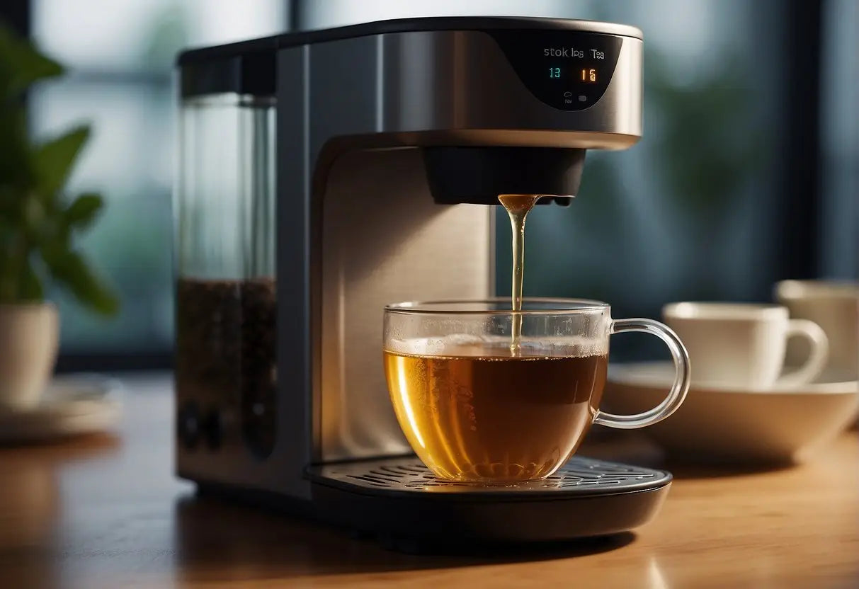 Tea bag placed in coffee maker. Water poured in. Start button pressed. Steaming tea brewed