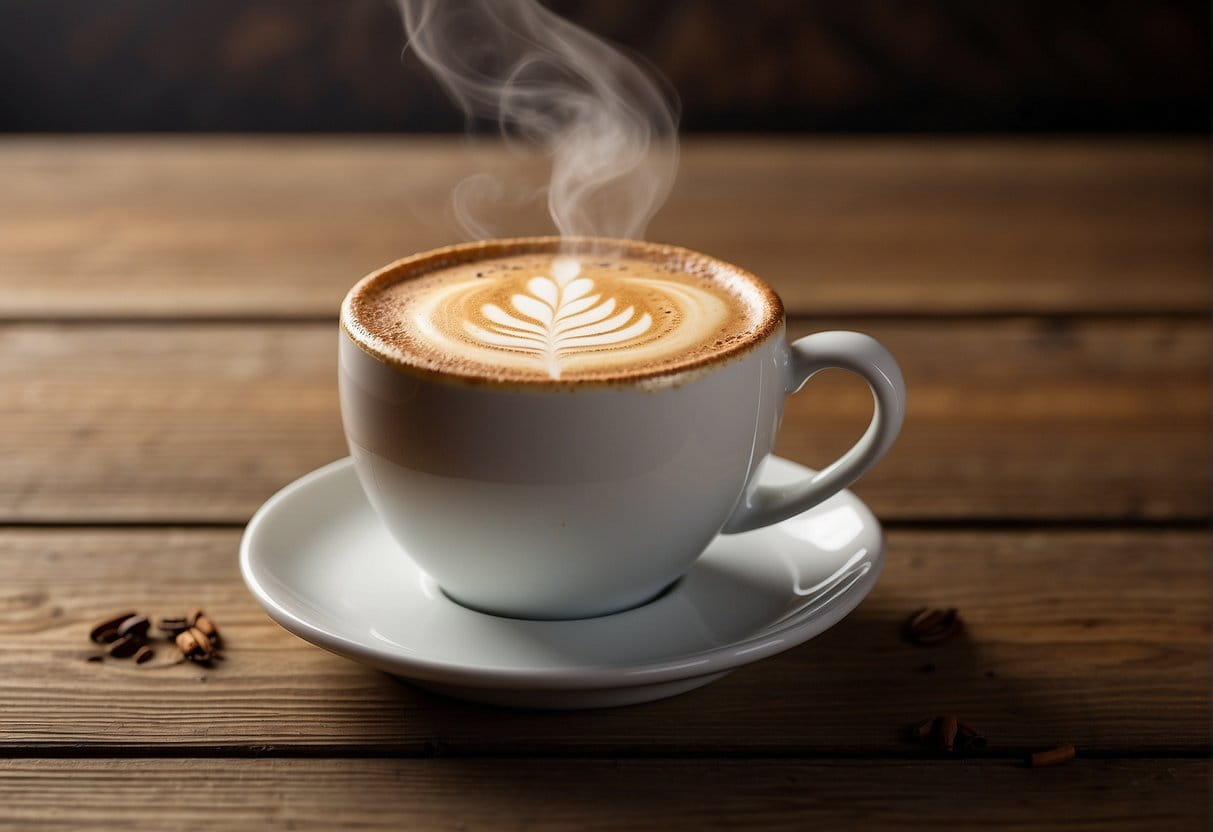 A steaming chai tea latte sits on a rustic wooden table, emanating warm, spicy aromas. The creamy foam swirls on top, inviting a sip