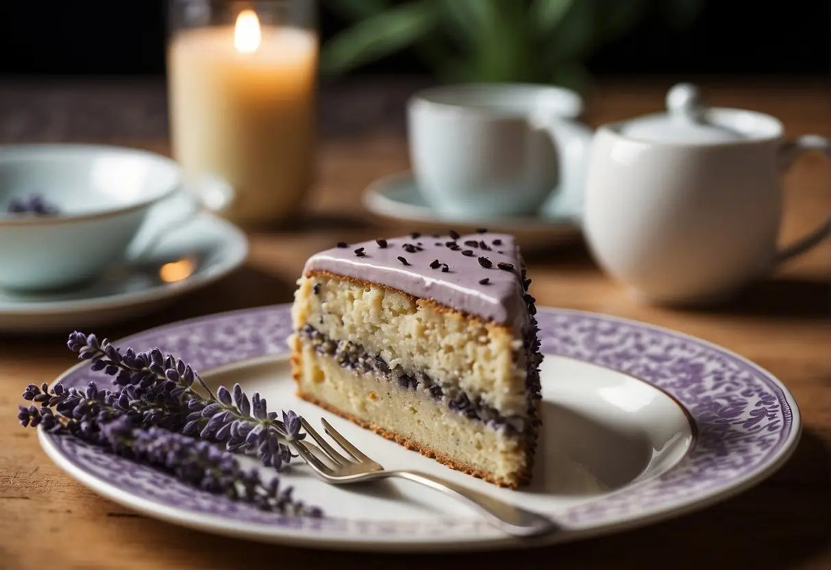 A slice of earl grey lavender cake on a floral-patterned plate, surrounded by loose tea leaves and sprigs of fresh lavender