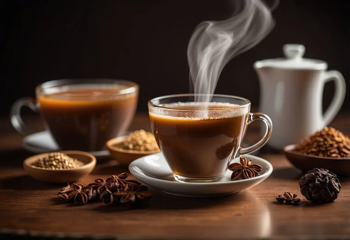 A steaming cup of chai tea sits next to other tea varieties, emphasizing its caffeine content