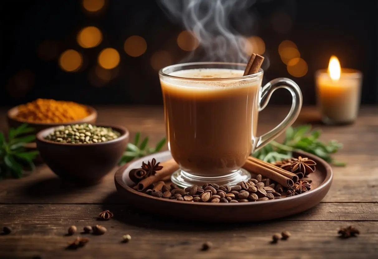 A steaming mug of chai tea sits on a wooden table, surrounded by aromatic spices and herbs