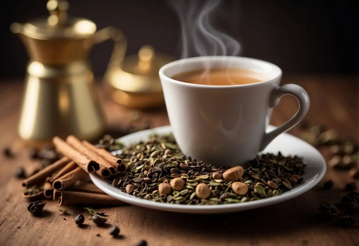 A steaming cup of chai tea with a tea bag labeled "decaf" and a pile of loose tea leaves on the side