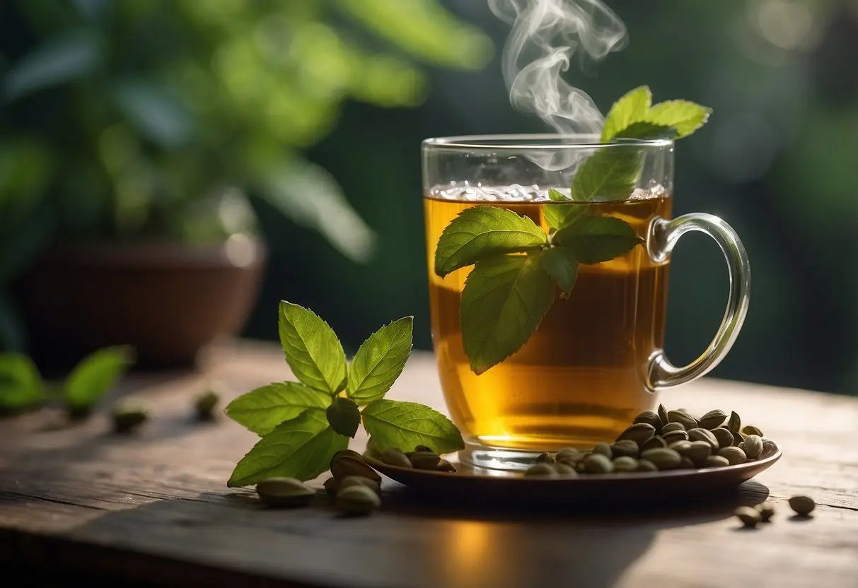 A steaming cup of cardamom tea surrounded by fresh green cardamom pods and a sprig of mint