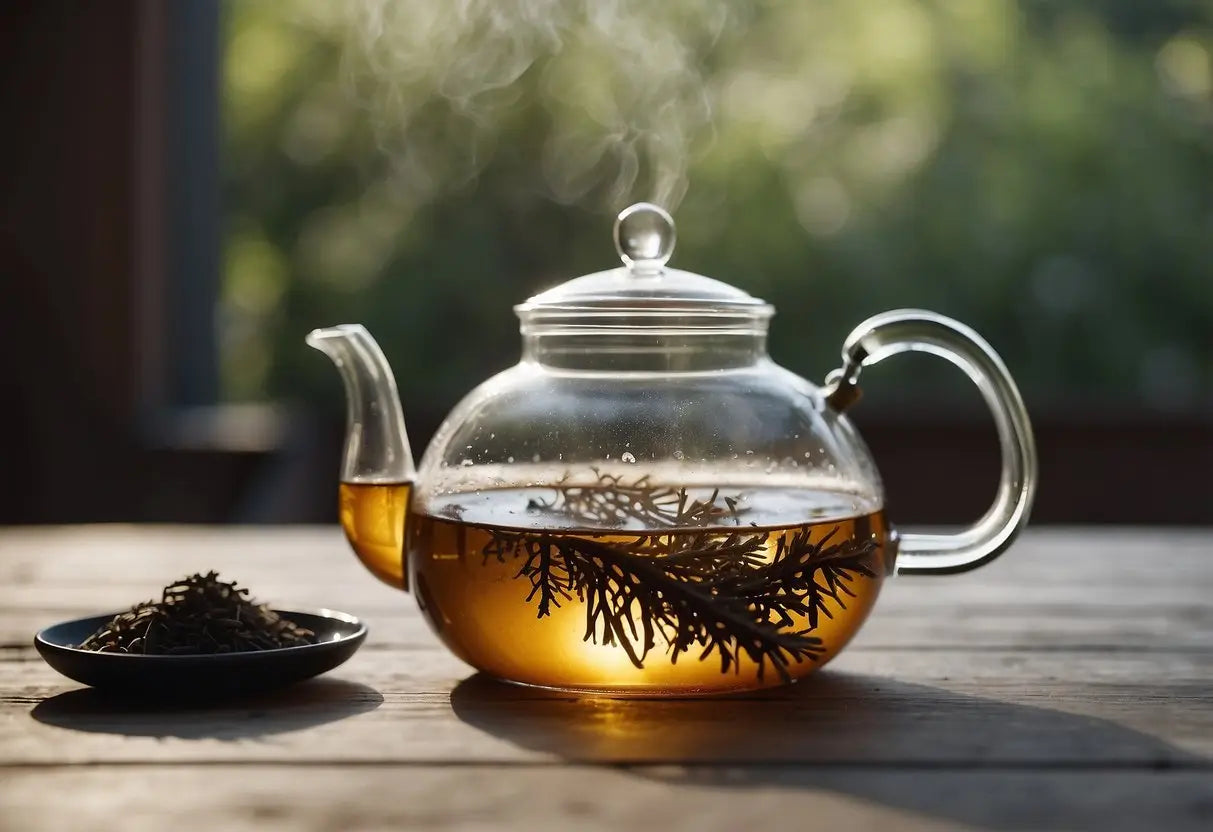 A kettle boils water as licorice root steeps in a teapot