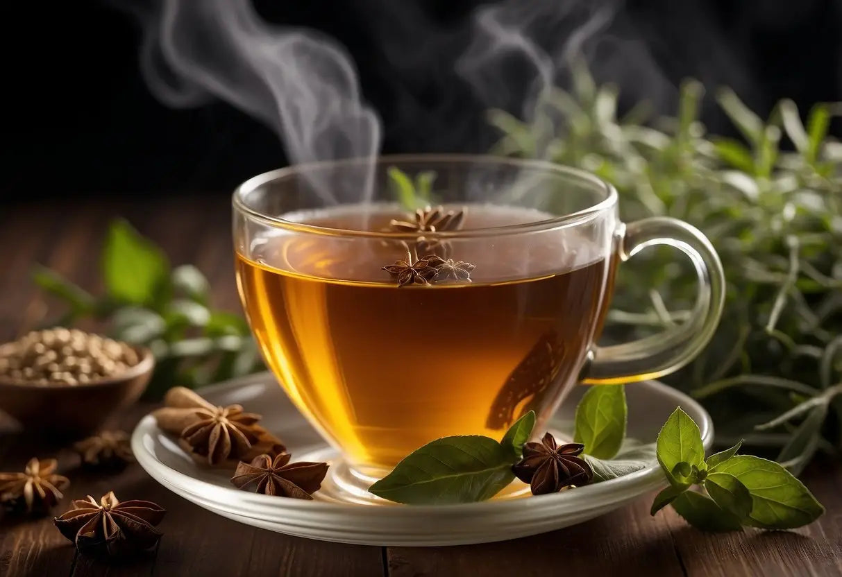 A steaming cup of tea surrounded by herbs and spices, with a gentle wisp of steam rising from the surface