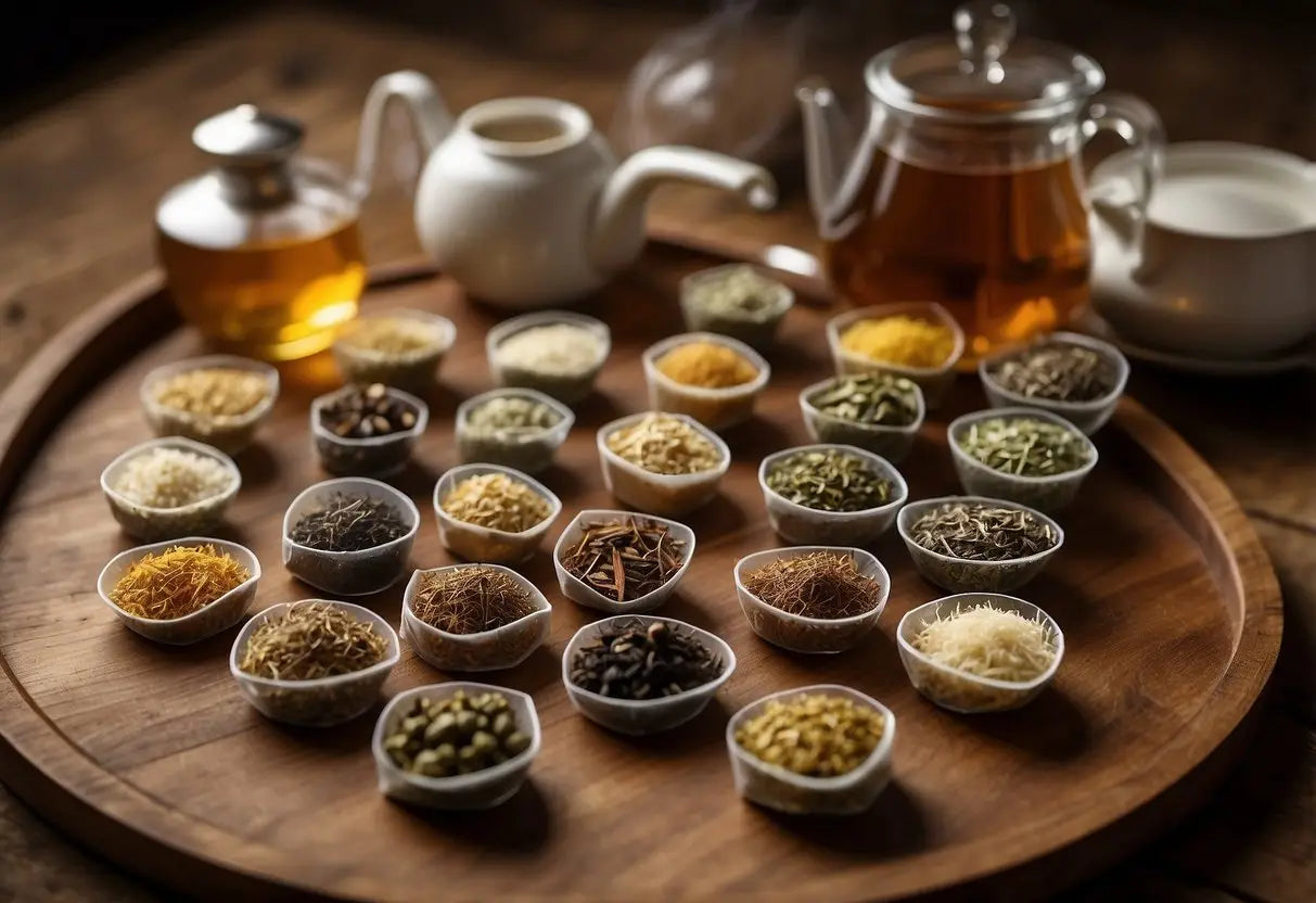 A variety of tea bags and loose leaf teas displayed on a wooden tray with labels indicating their recommended use for bloating relief