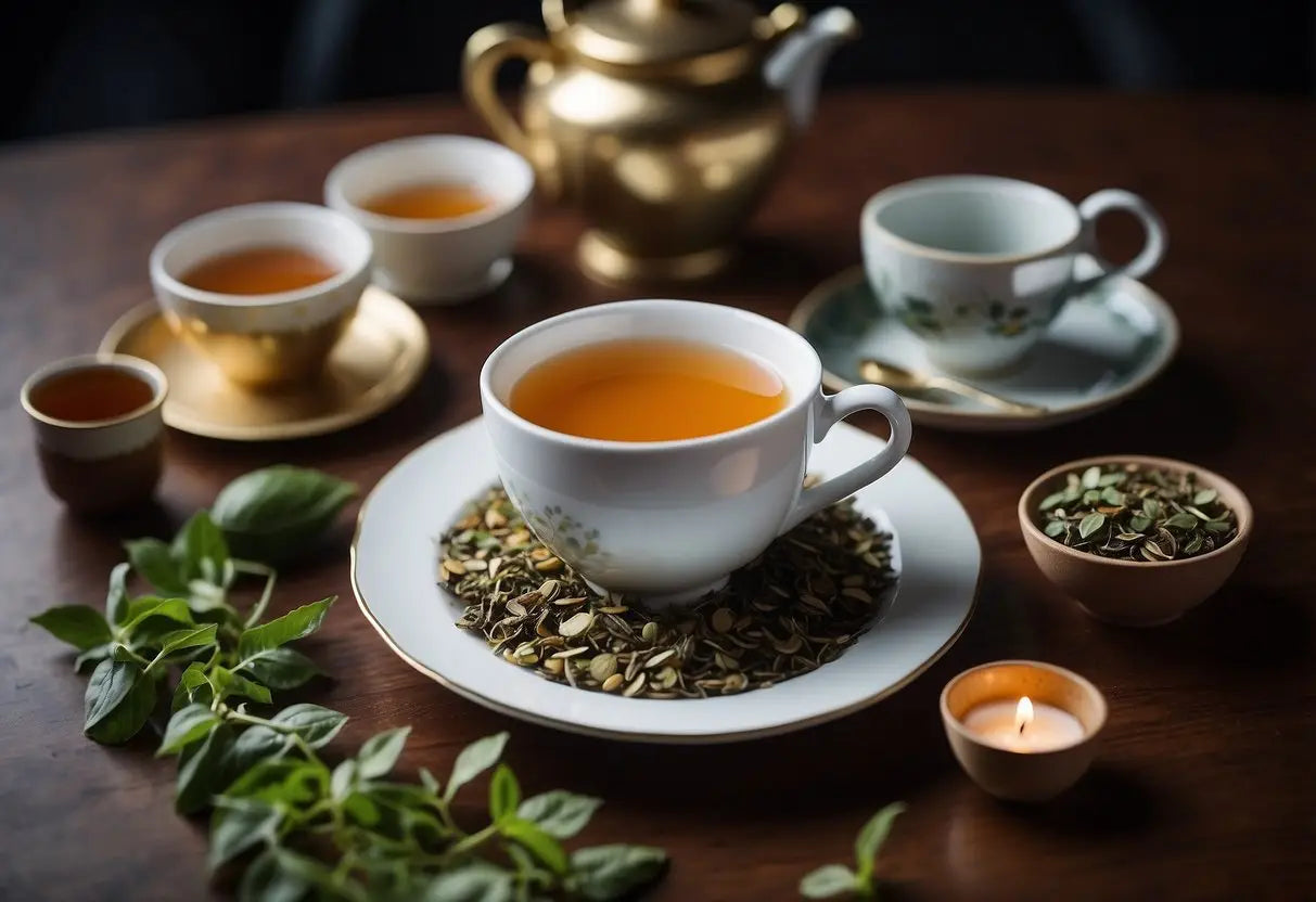 A table with various scientific studies and evidence supporting tea for bloating. Teacups and tea leaves scattered around