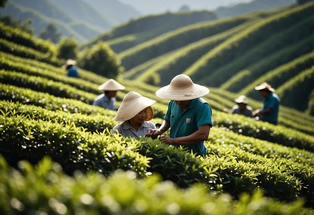 A lush green tea plantation with workers harvesting tea leaves under the warm sun, surrounded by rolling hills and a clear blue sky