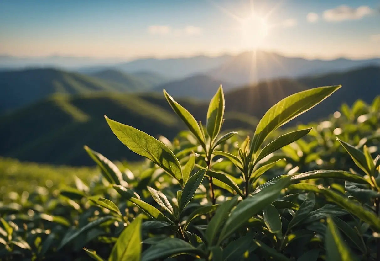 Lush green tea leaves with delicate orange pekoe buds, set against a backdrop of rolling hills and clear blue skies