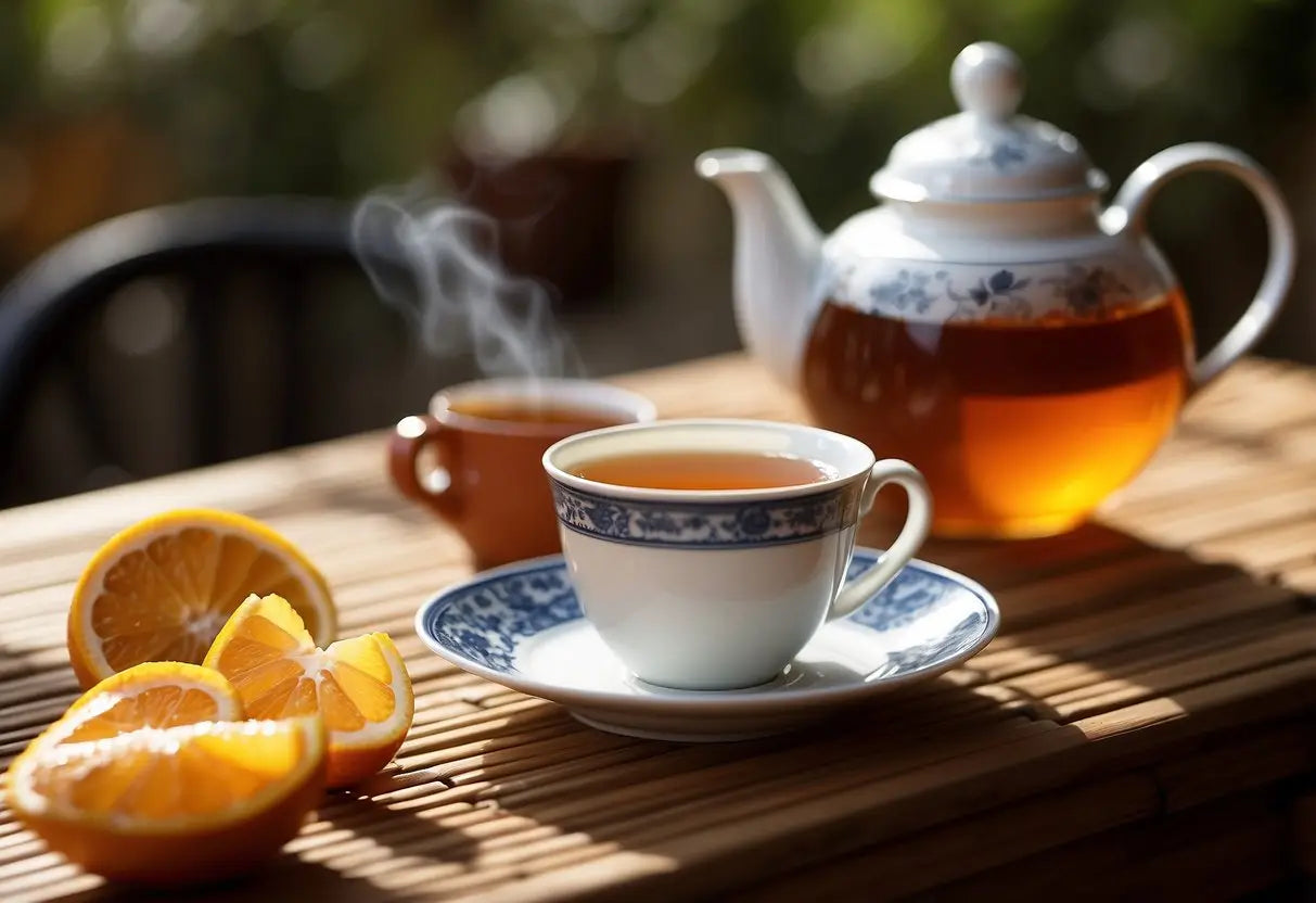 A steaming cup of orange pekoe tea sits on a traditional saucer, surrounded by delicate tea leaves and a vintage teapot. A backdrop of cultural symbols and patterns adds depth to the scene
