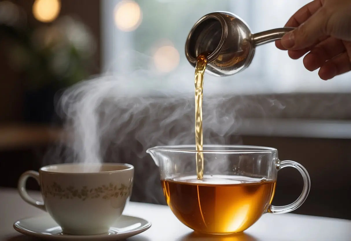 Tea bomb fizzing in hot water, releasing aroma and color. Nearby, a timer displays 3 minutes. A hand reaches for a strainer to pour the tea