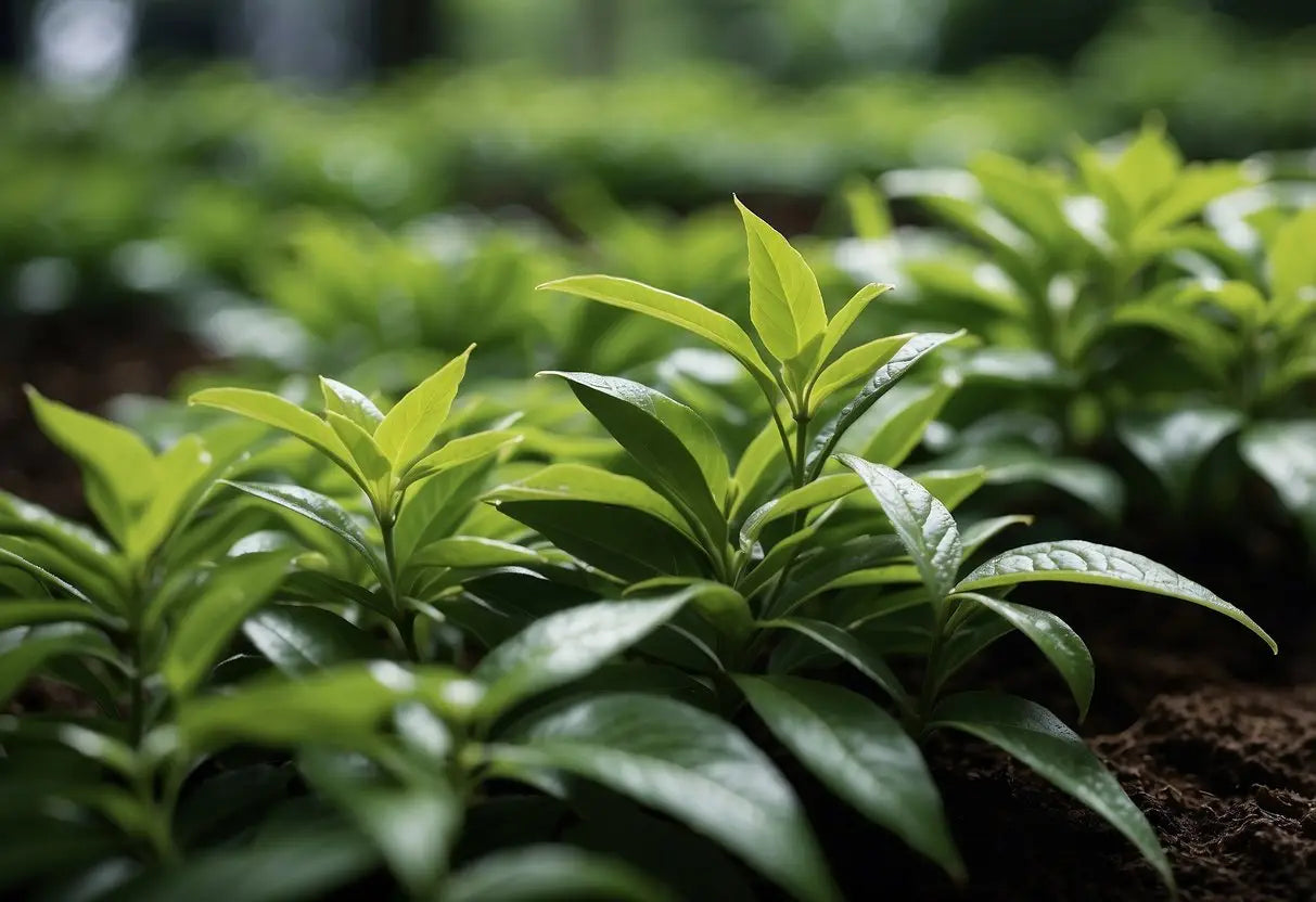 Lush green tea leaves grow on shaded bushes in Japan, carefully harvested and stone-ground into vibrant matcha powder